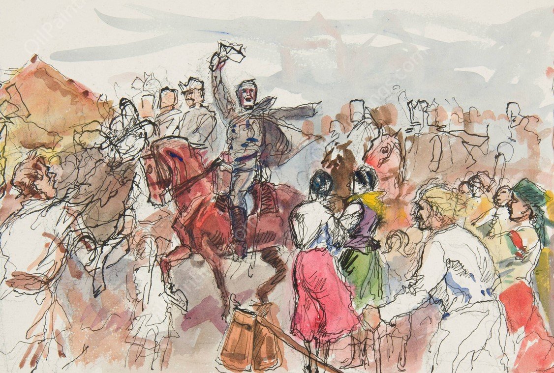 Oddzial zolnierzy Legionu Ukrainskich Strzelcow Siczowych wSrod wiwatujacej ludnoSci wiejskiej  by Ivan Ivanec - Hand-Painted Oil Painting Reproduction