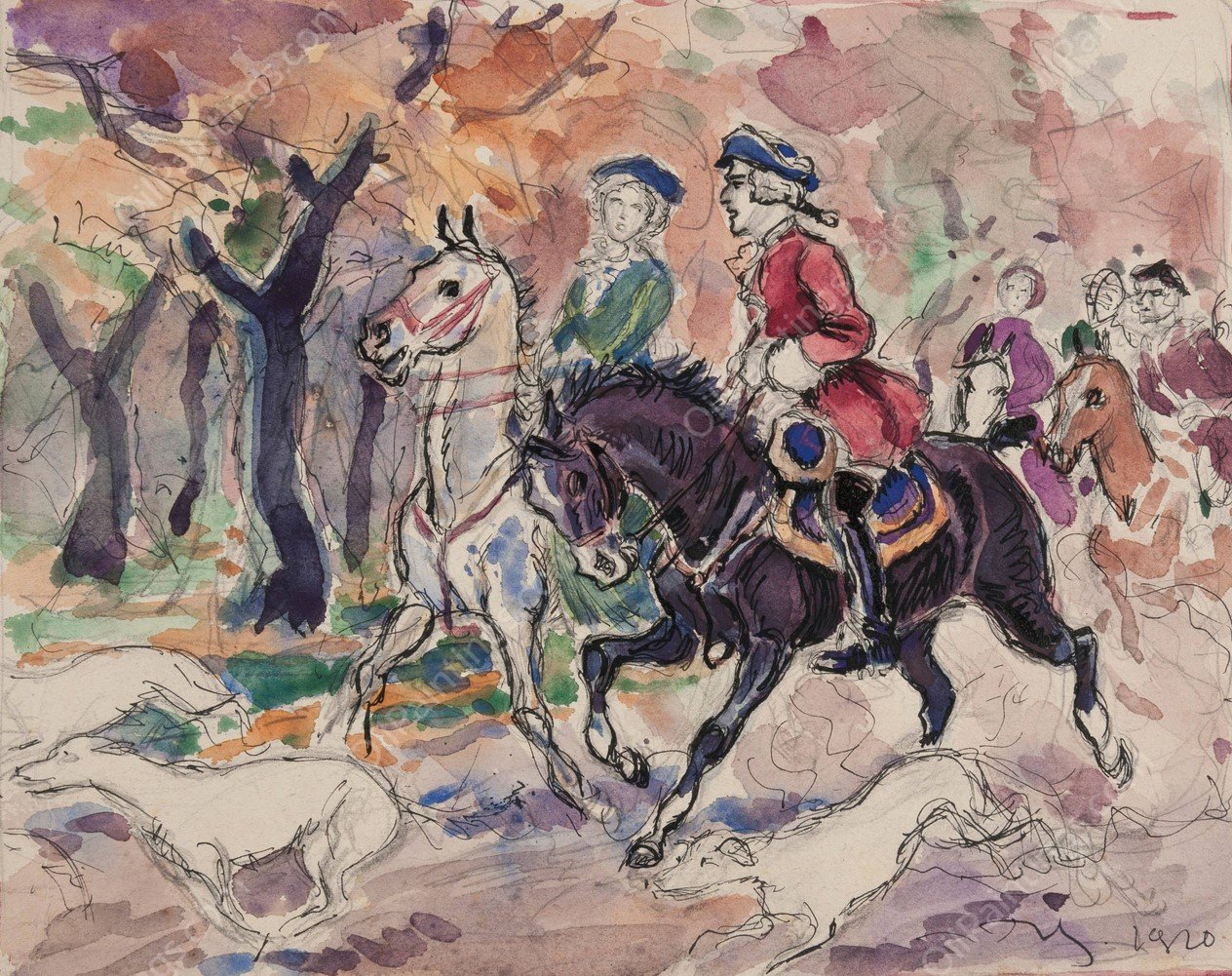 Scena rodzajowa - para w strojach z pol. XVIII w. na koniach jadaca przez las  by Ivan Ivanec - Hand-Painted Oil Painting Reproduction