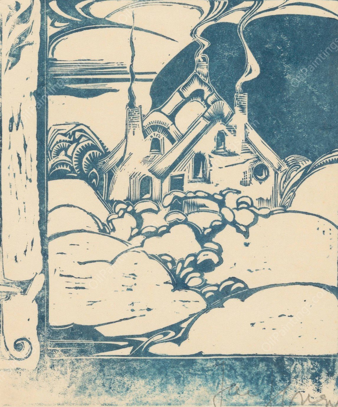 Huis met rokende schoorstenen in heuvellandschap  by Jac Jongert - Hand-Painted Oil Painting Reproduction