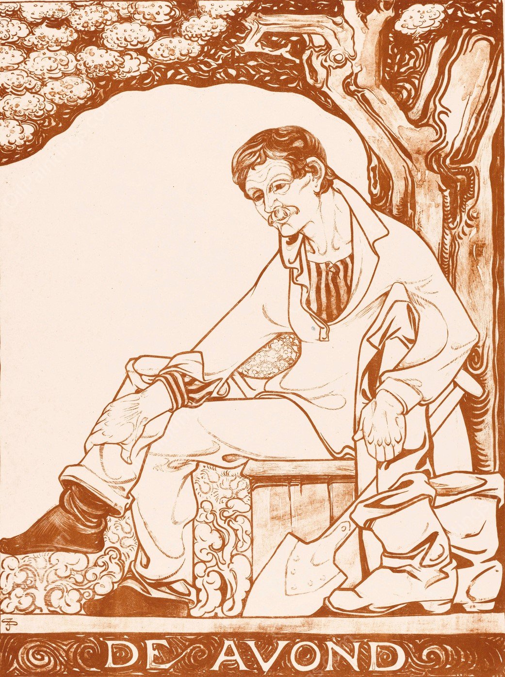 Man met schep zittend onder een boom  by Jac Jongert - Hand-Painted Oil Painting Reproduction