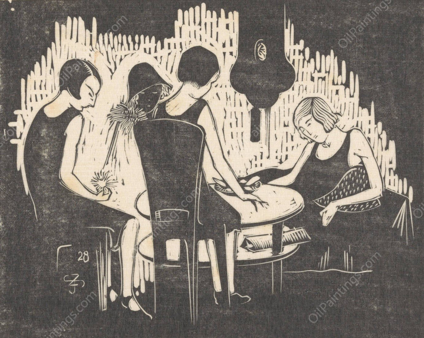 Vier vrouwen zittend aan een tafel  by Jac Jongert - Hand-Painted Oil Painting Reproduction