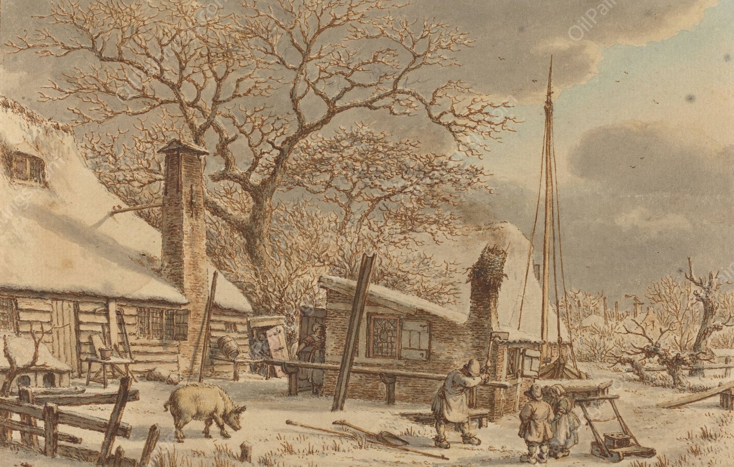 Farmyard in Winter  by Jacob Cats - Hand-Painted Oil Painting Reproduction