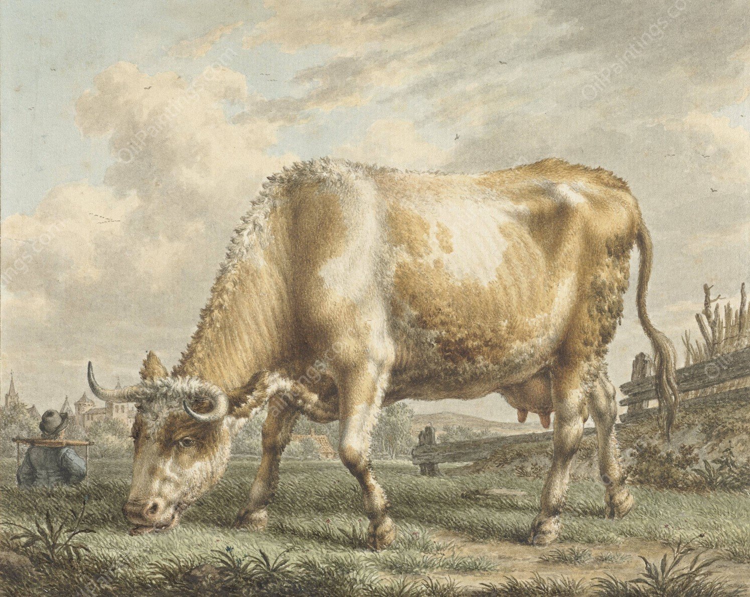 Grazing Cow  by Jacob Cats - Hand-Painted Oil Painting Reproduction