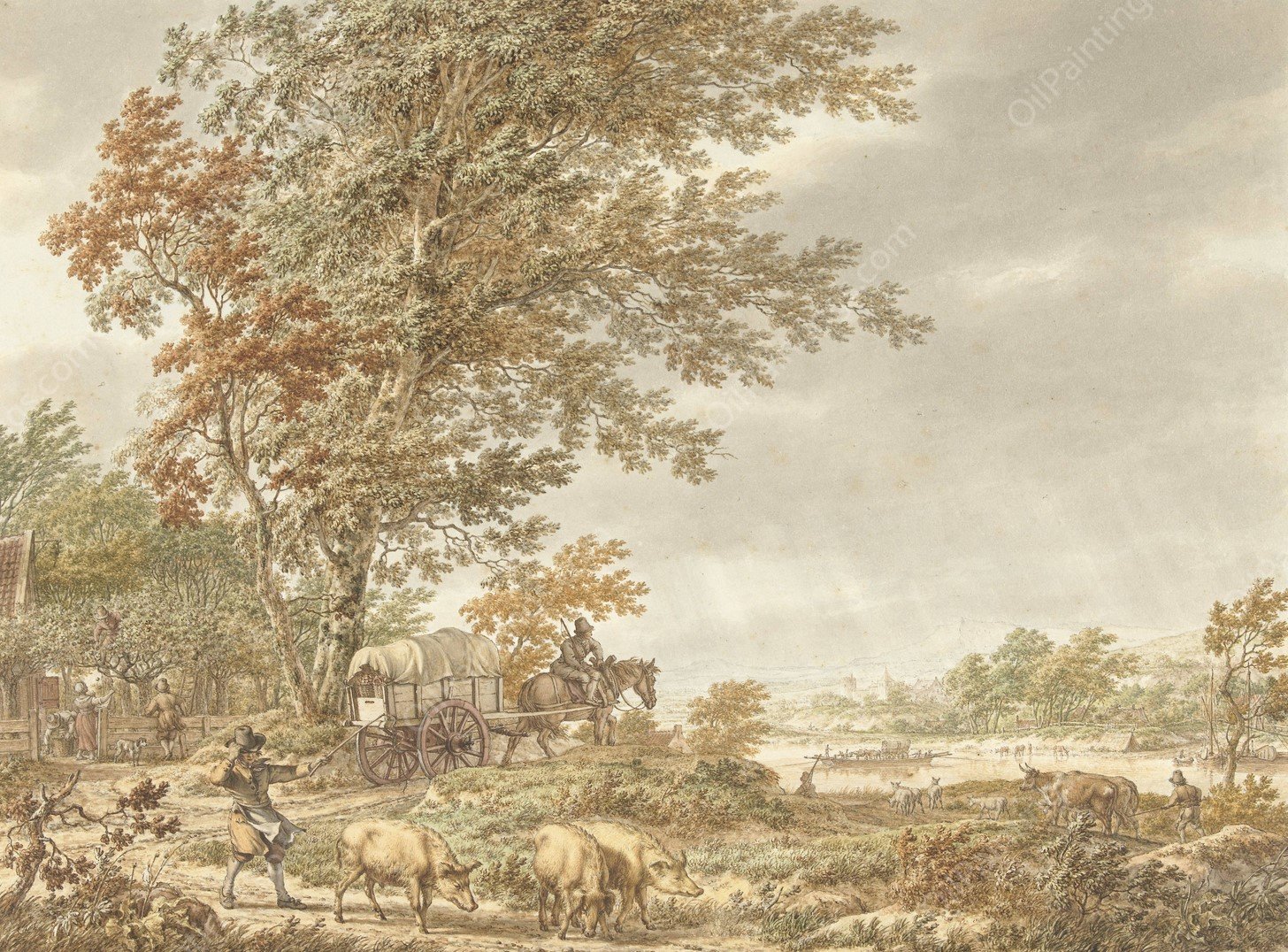 Heuvellandschap met varkenshoeder en andere stoffage, een rivier in de verte  by Jacob Cats - Hand-Painted Oil Painting Reproduction