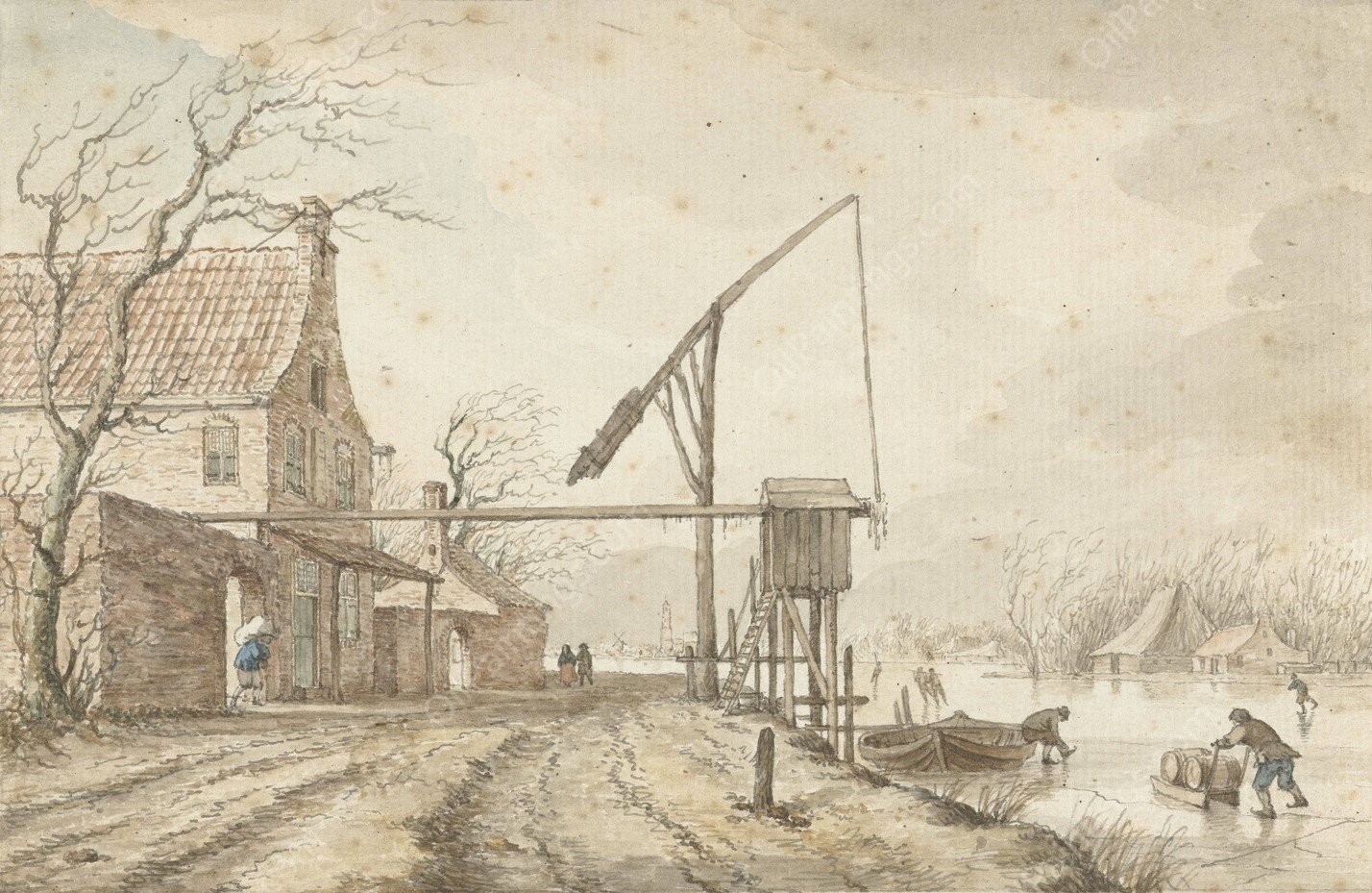 Winterlandschap met huizen en hefboom langs bevroren vaart  by Jacob Cats - Hand-Painted Oil Painting Reproduction