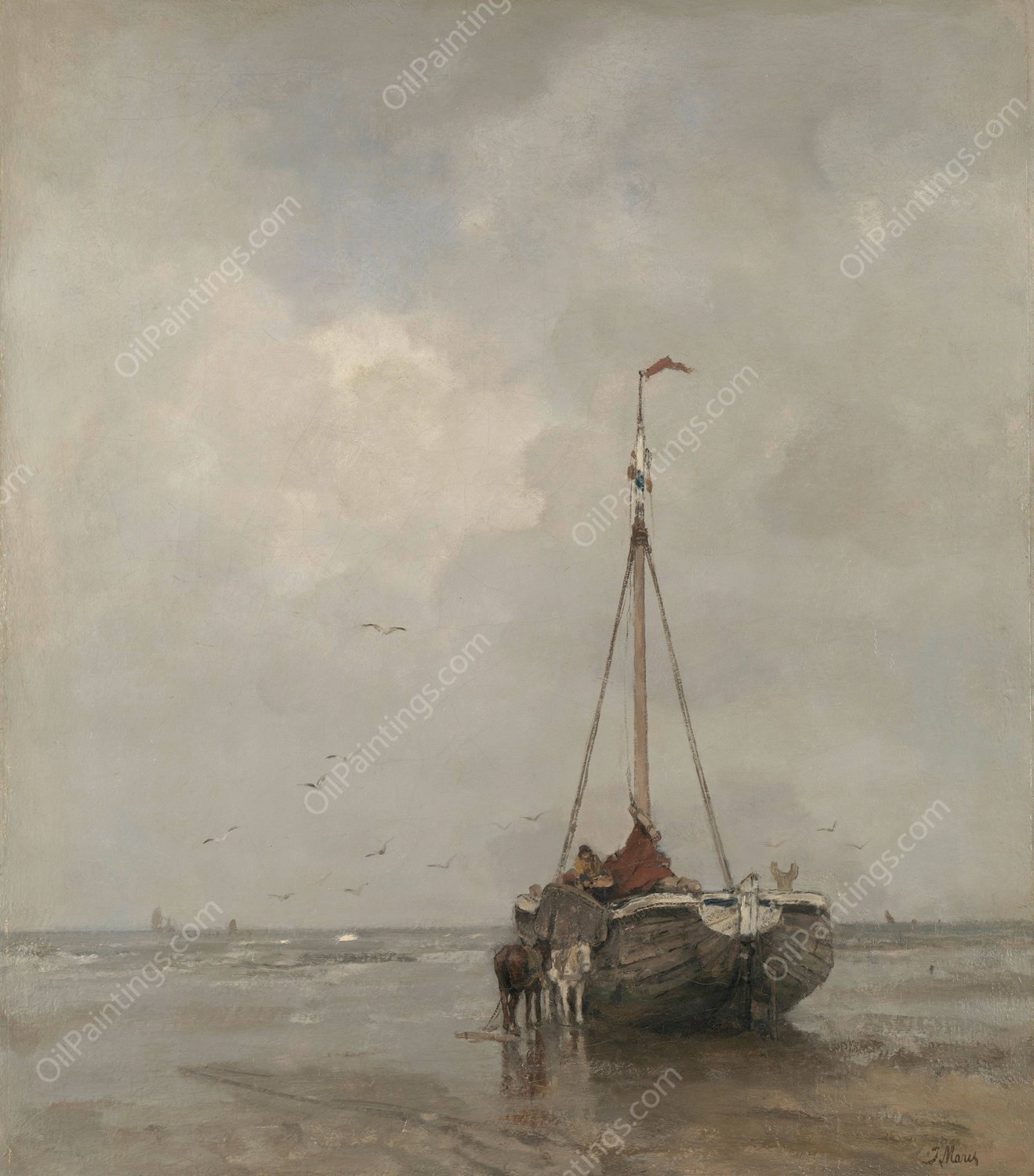 Bluff-bowed Fishing Boat on the Beach at Scheveningen  by Jacob Maris - Hand-Painted Oil Painting Reproduction