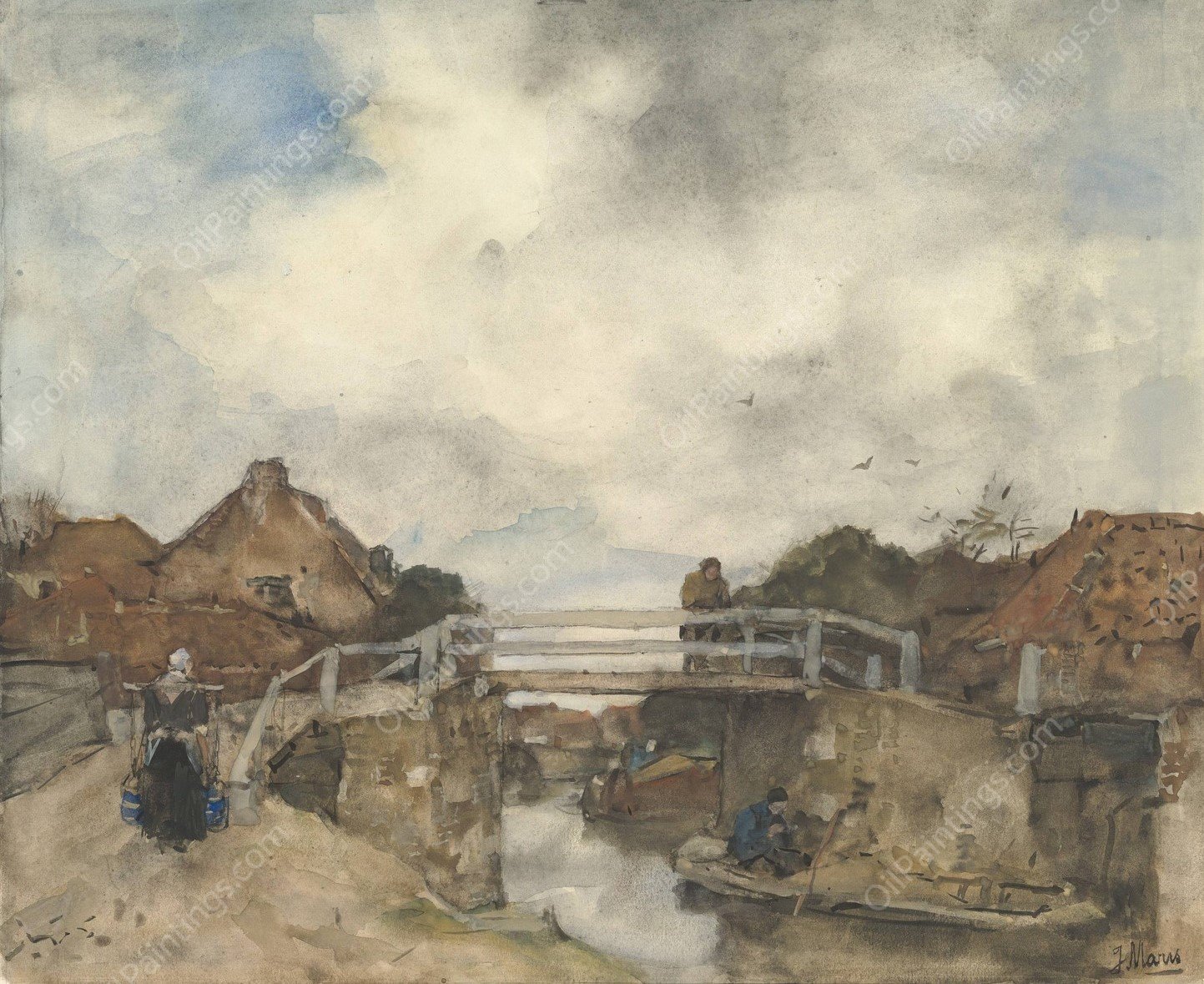 Dutch Canal, Rijswijk  by Jacob Maris - Hand-Painted Oil Painting Reproduction