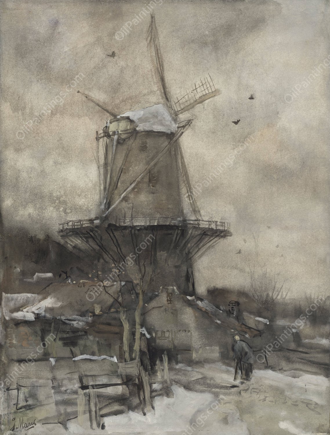 Een molen in de winter  by Jacob Maris - Hand-Painted Oil Painting Reproduction