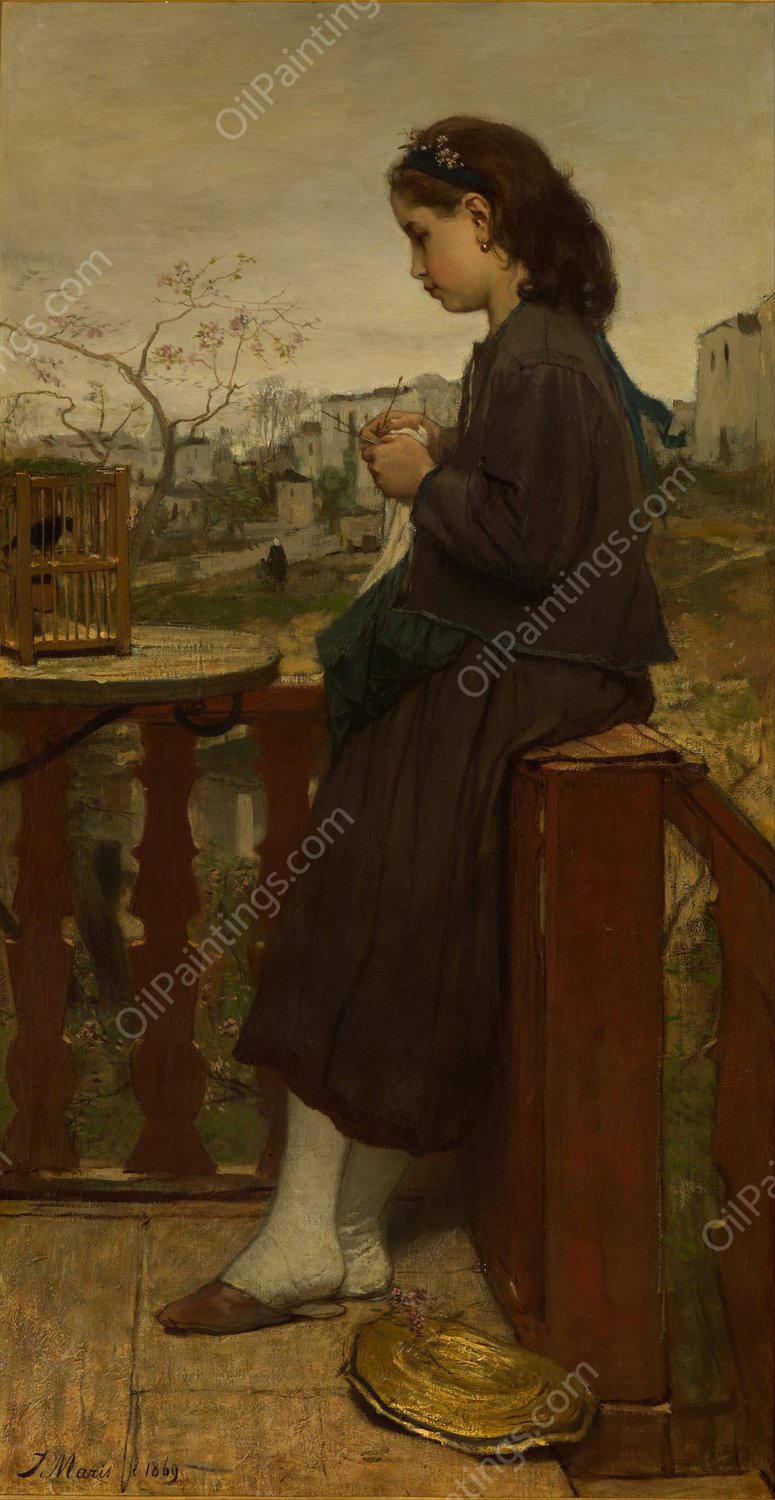 Girl knitting on a balcony, Montmartre by Jacob Maris - Hand-Painted Oil Painting Reproduction
