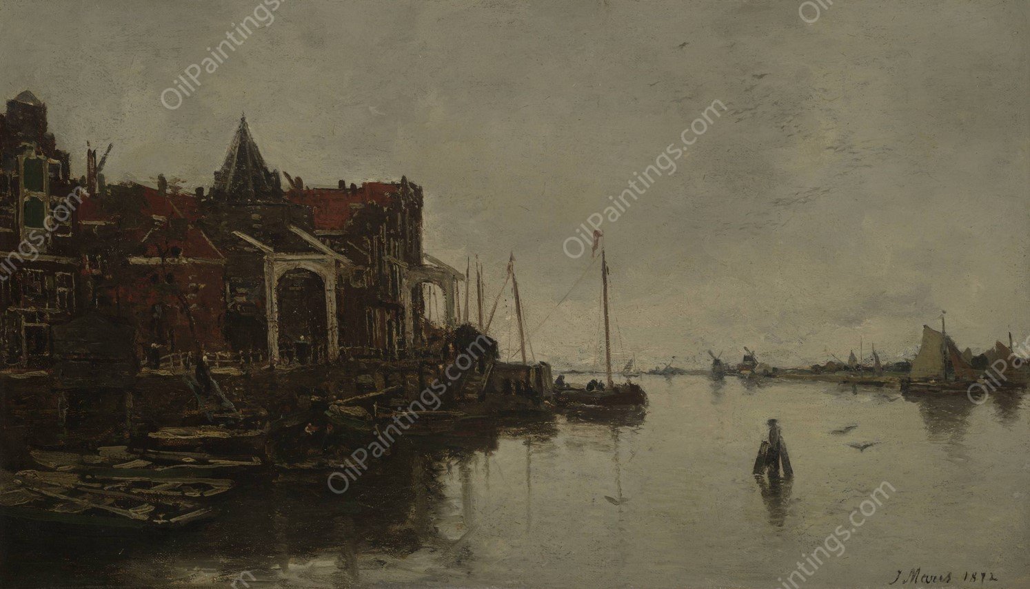 Harbor Scene  by Jacob Maris - Hand-Painted Oil Painting Reproduction