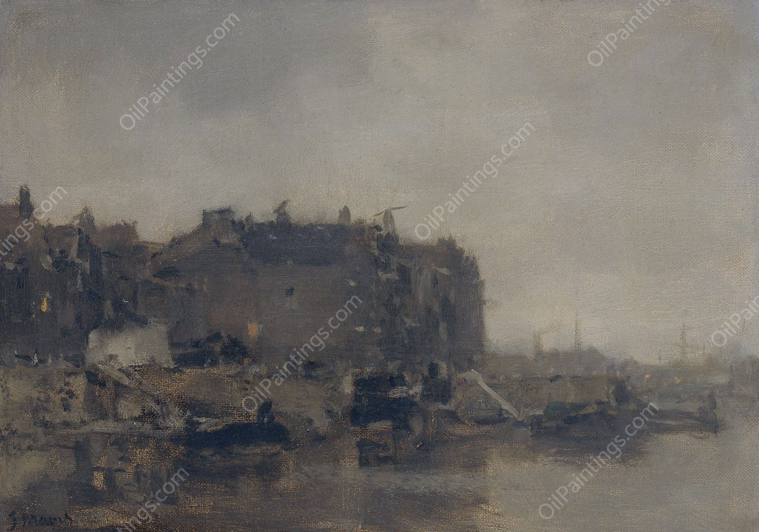 Houses on the Prins Hendrikkade, Amsterdam, on a Misty Day  by Jacob Maris - Hand-Painted Oil Painting Reproduction