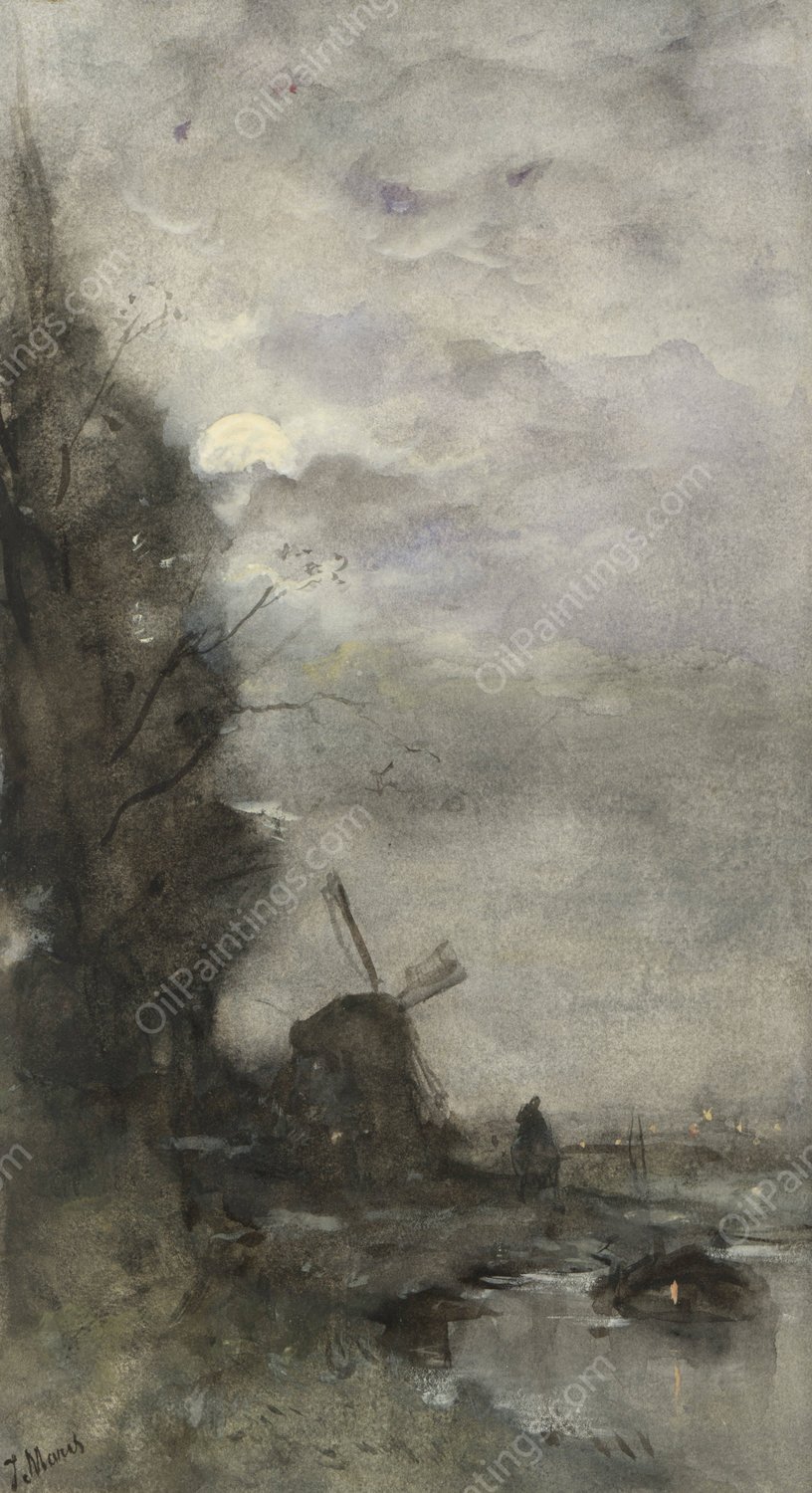 Landschap met molen bij maanlicht  by Jacob Maris - Hand-Painted Oil Painting Reproduction