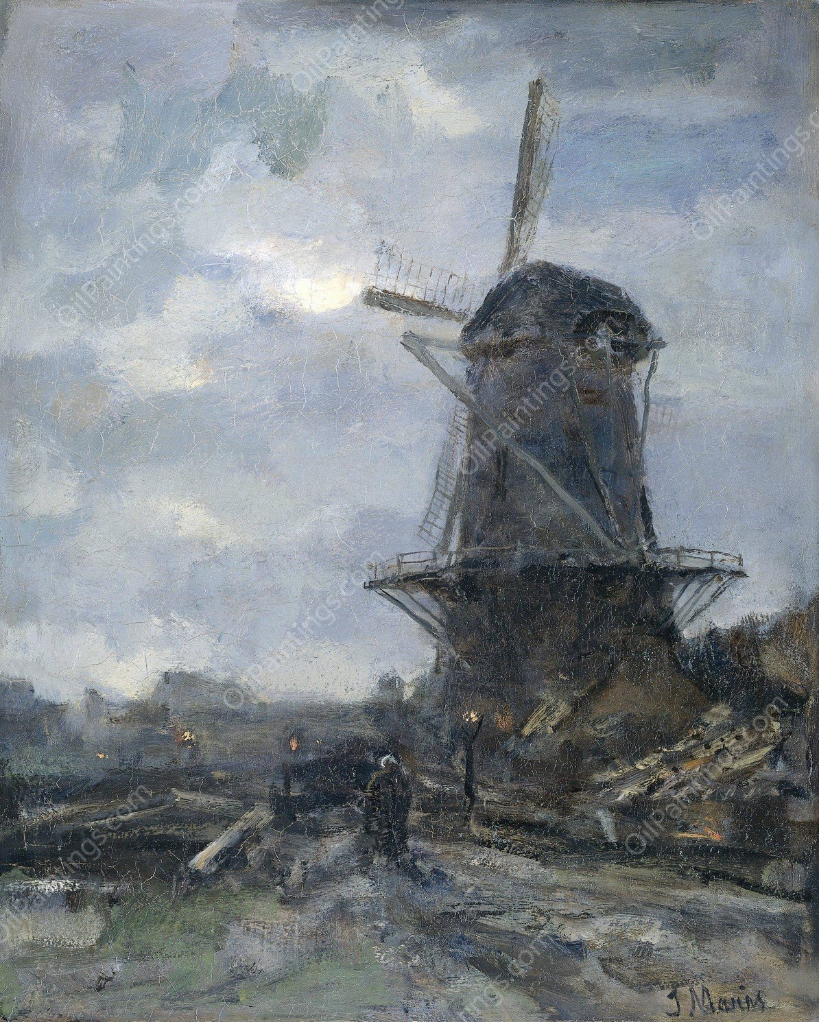 Molen bij maanlicht  by Jacob Maris - Hand-Painted Oil Painting Reproduction
