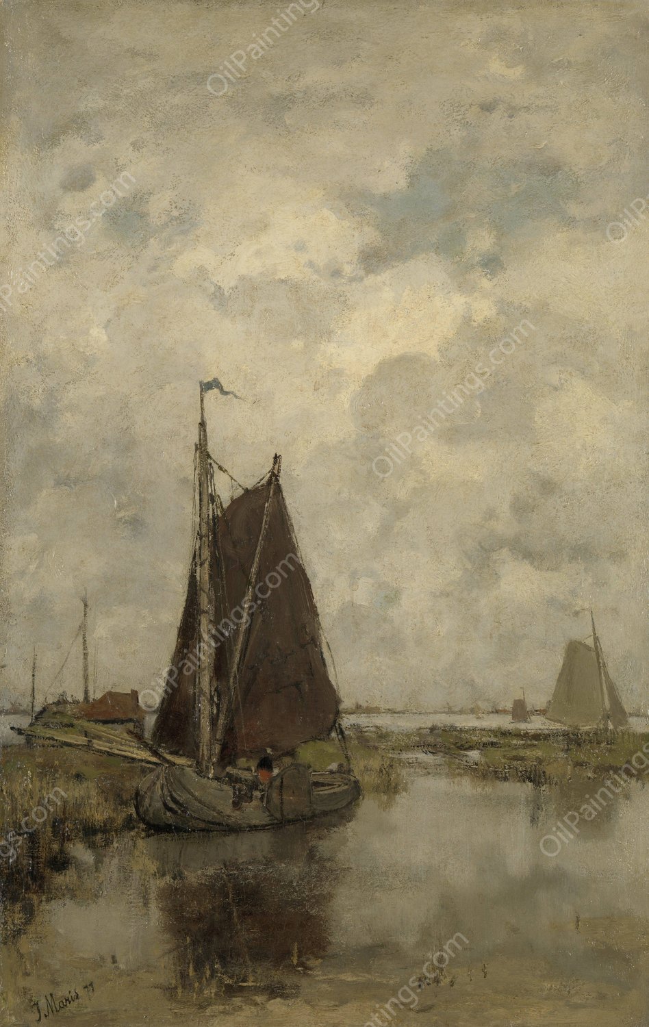 Ships in Dull Weather  by Jacob Maris - Hand-Painted Oil Painting Reproduction