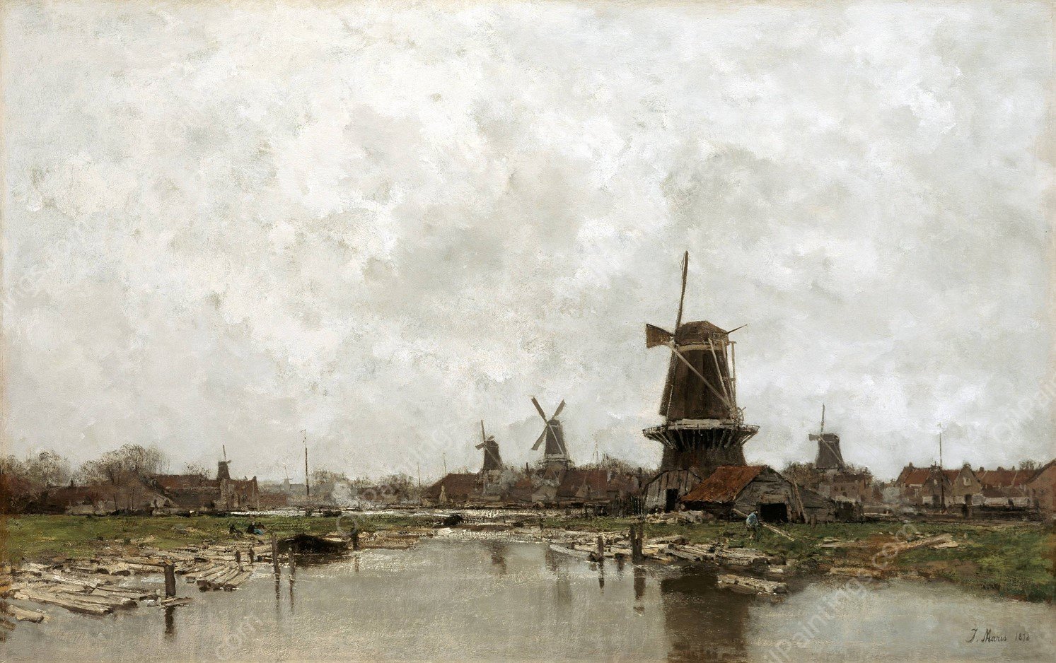 The Five Windmills  by Jacob Maris - Hand-Painted Oil Painting Reproduction