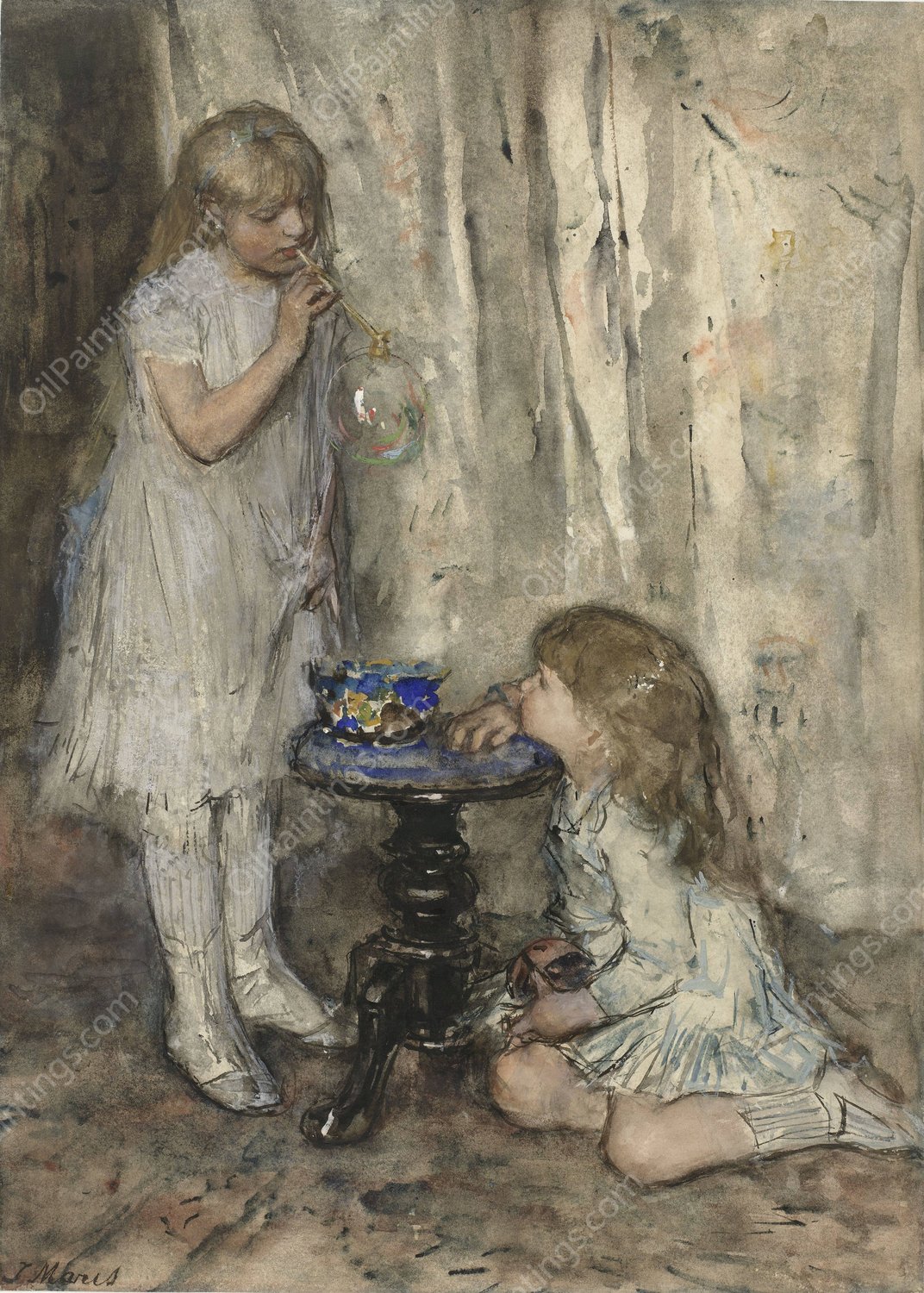 Two Girls Blowing Bubbles  by Jacob Maris - Hand-Painted Oil Painting Reproduction