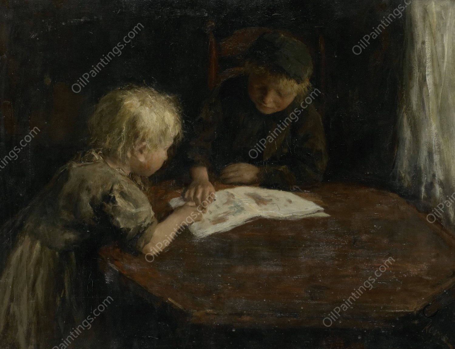 Children with a Picture-book  by Jacob Simon Hendrik Kever - Hand-Painted Oil Painting Reproduction