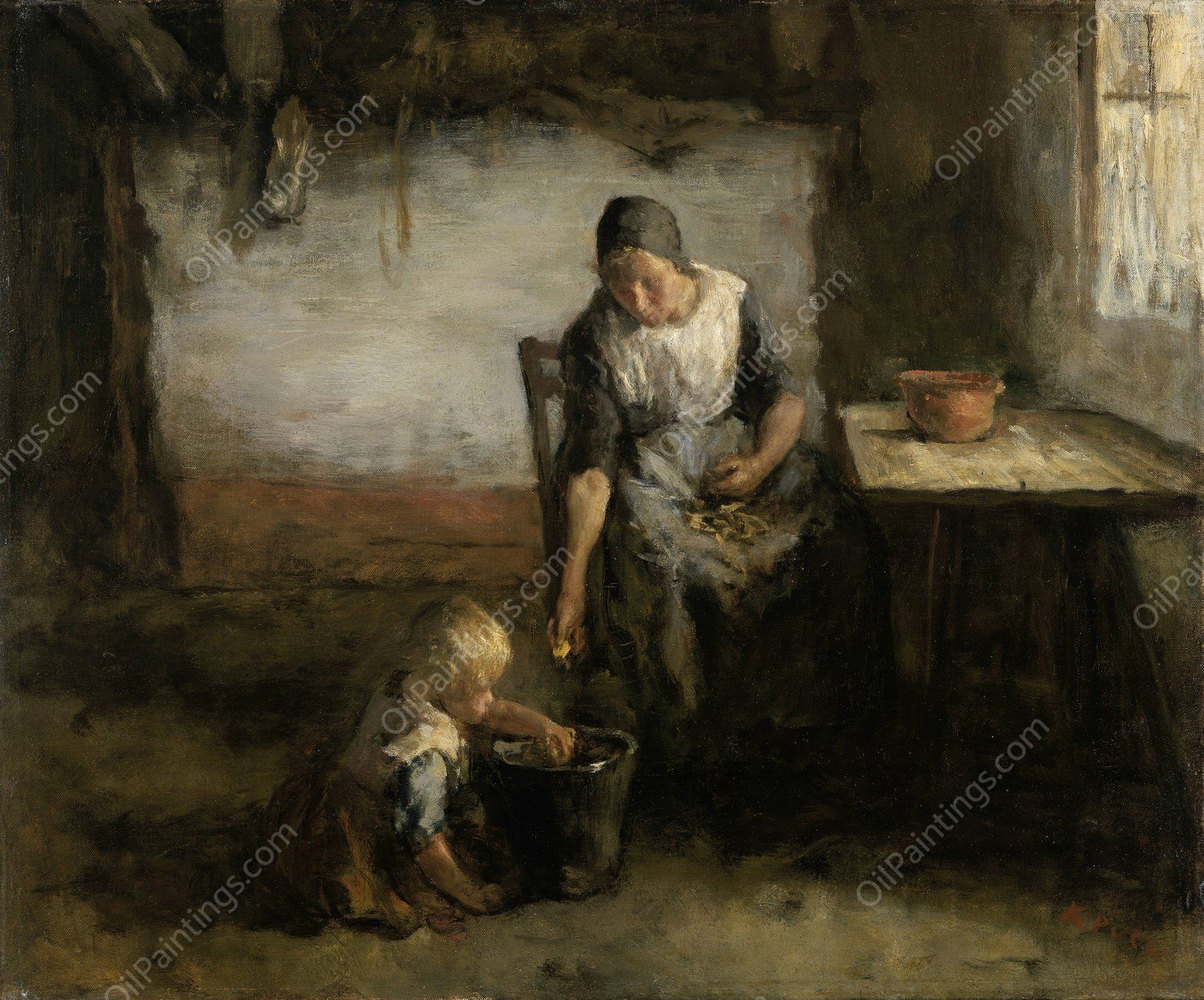 Woman Peeling Potatoes  by Jacob Simon Hendrik Kever - Hand-Painted Oil Painting Reproduction