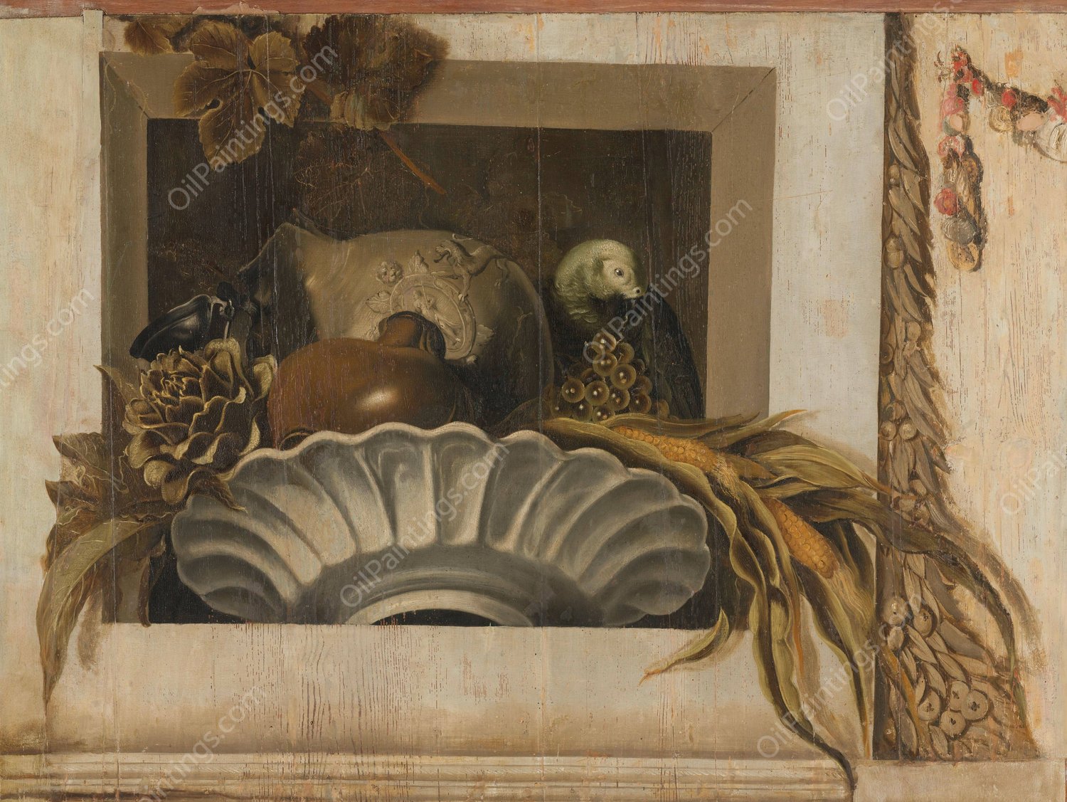 Still Life with a Bowl of Corn, Artichokes, Grapes and a Parrot  by Jacob Van Campen - Hand-Painted Oil Painting Reproduction