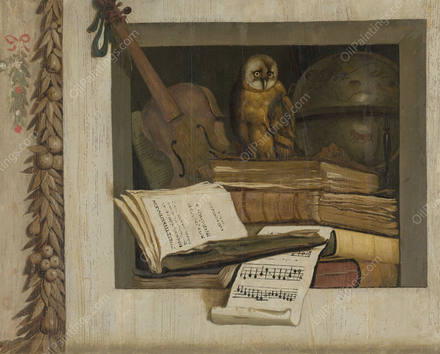 Still Life with Books, Sheet Music, Violin, Celestial Globe and an Owl  by Jacob Van Campen - Hand-Painted Oil Painting Reproduction
