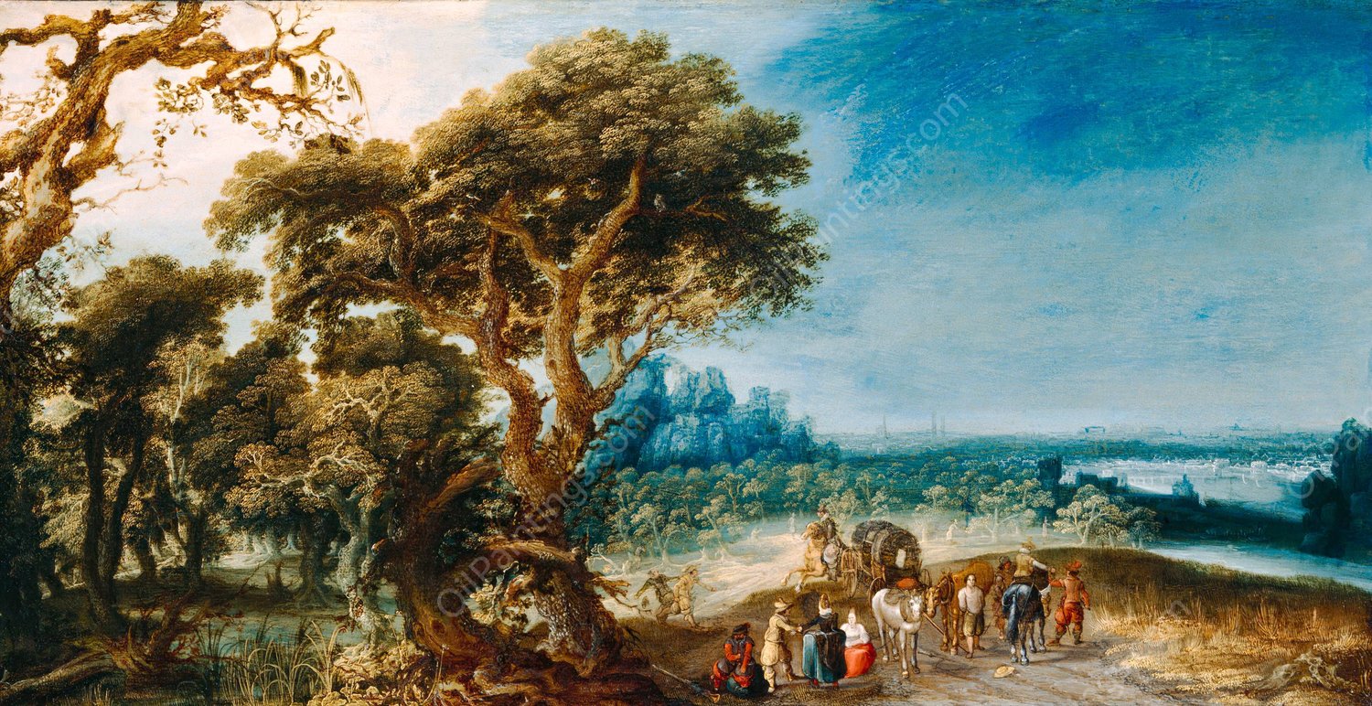 Landscape with a Carriage Hold-Up  by Jacob Van Geel - Hand-Painted Oil Painting Reproduction