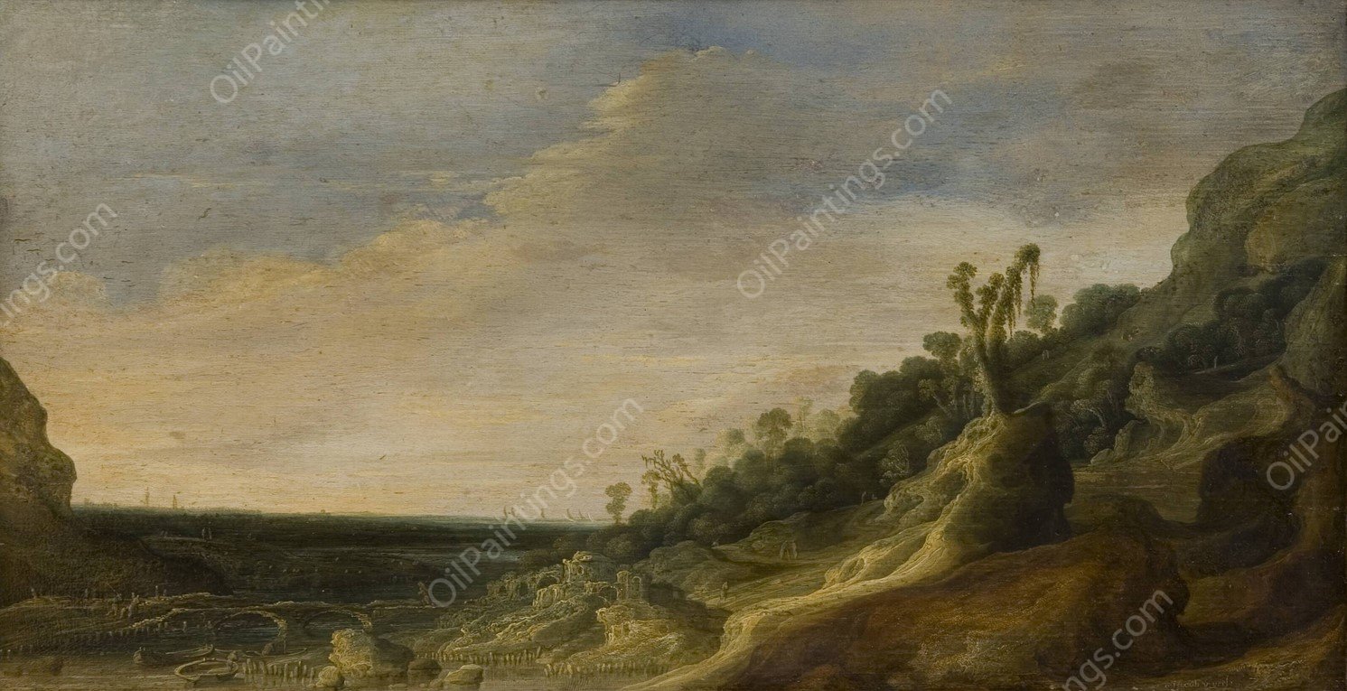 Mountain Scenery with a View of a River and the Sea  by Jacob Van Geel - Hand-Painted Oil Painting Reproduction