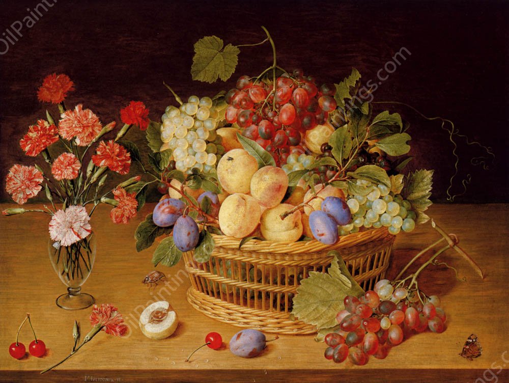 A Still Life Of A Vase Of Carnations To The Left Of A Basket Of Fruit by Jacob Van Hulsdonck - Hand-Painted Oil Painting Reproduction