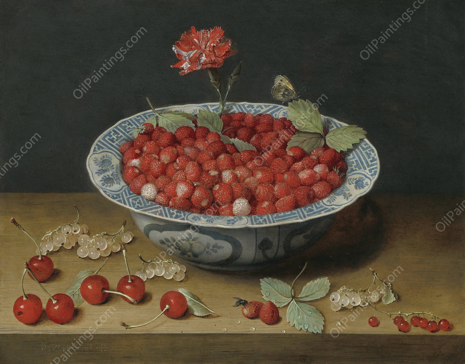 Wild Strawberries and a Carnation in a Wan-Li Bowl  by Jacob Van Hulsdonck - Hand-Painted Oil Painting Reproduction