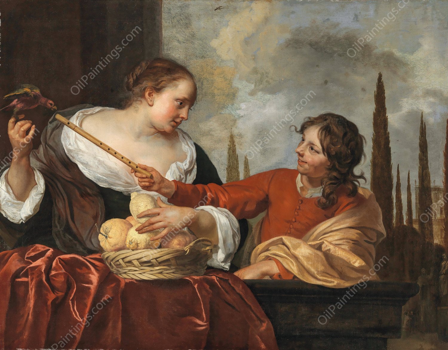 A lady with a parrot holding a basket of fruit and a young man with a flute by Jacob Van Loo - Hand-Painted Oil Painting Reproduction