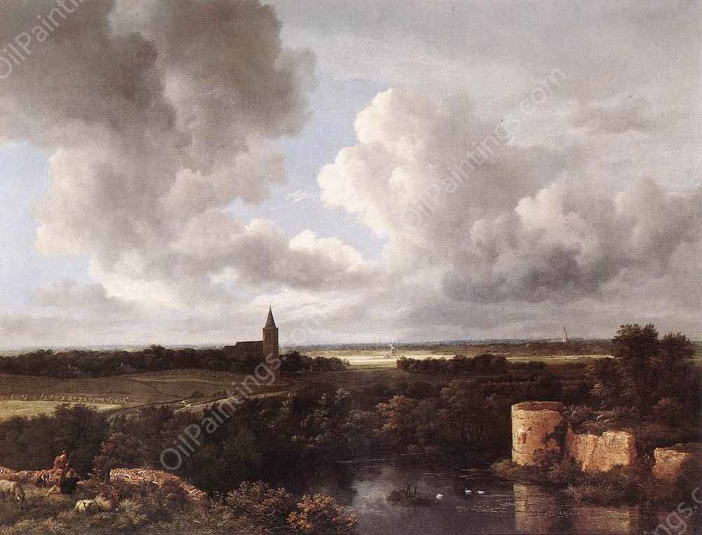 An Extensive Landscape with a Ruined Castle and a Village Church by Jacob Van Ruisdael - Hand-Painted Oil Painting Reproduction