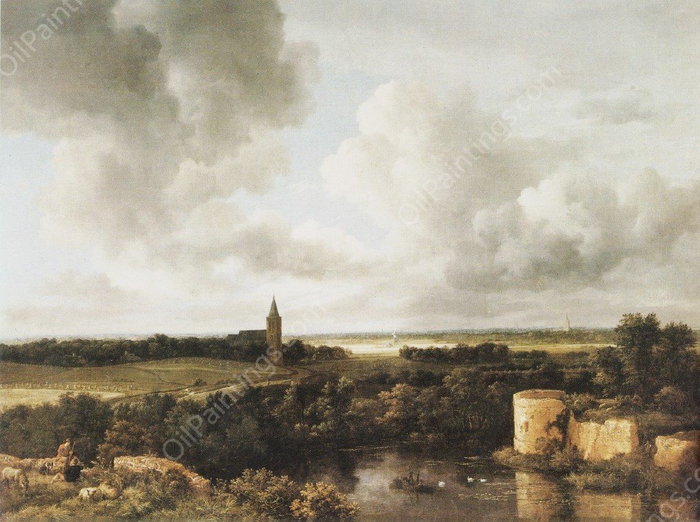 Landscape with Church and Ruined Castle by Jacob Van Ruisdael - Hand-Painted Oil Painting Reproduction