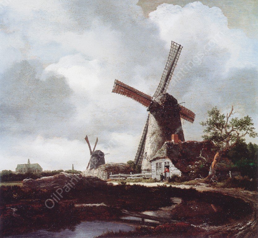 Landscape with Windmills near Haarlem by Jacob Van Ruisdael - Hand-Painted Oil Painting Reproduction