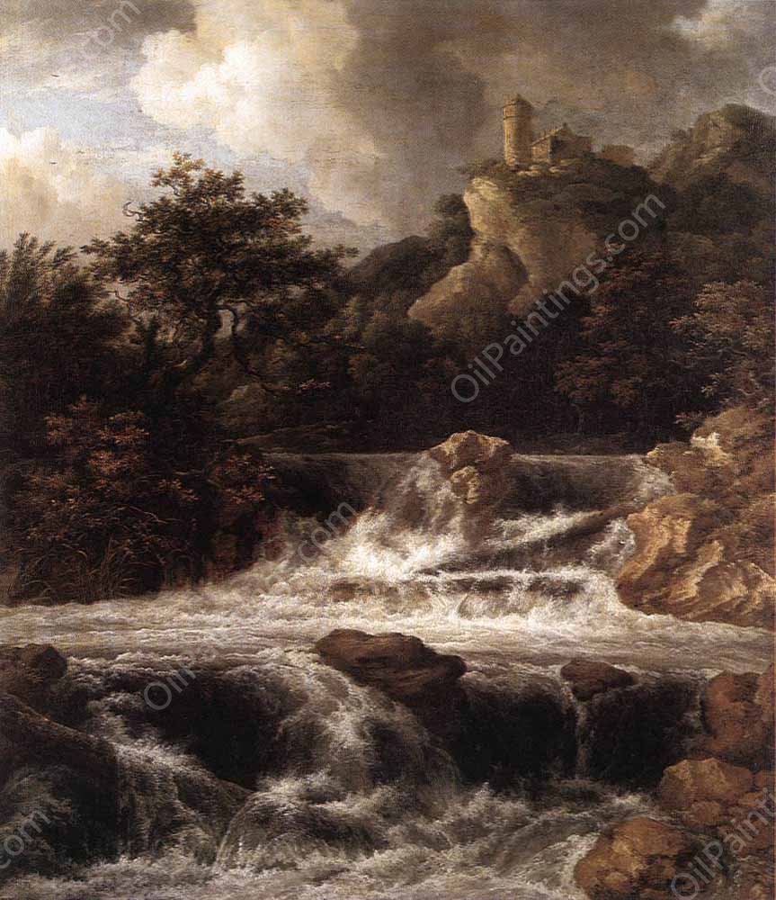 Waterfall with Castle Built on the Rock by Jacob Van Ruisdael - Hand-Painted Oil Painting Reproduction