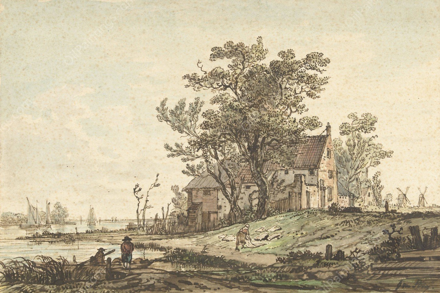 Oude boerderij aan een rivier  by Jacob Van Strij - Hand-Painted Oil Painting Reproduction