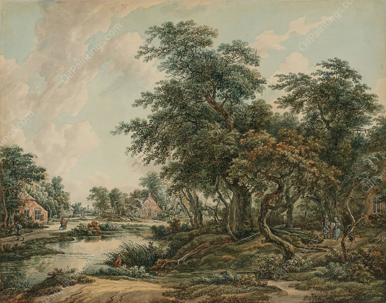 Paysage arbore avec figures et maisons au bord du rivage  by Jacob Van Strij - Hand-Painted Oil Painting Reproduction