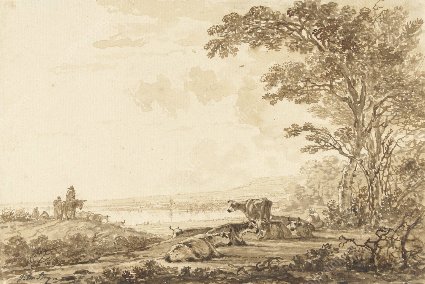 Rivierlandschap met rustend vee  by Jacob Van Strij - Hand-Painted Oil Painting Reproduction