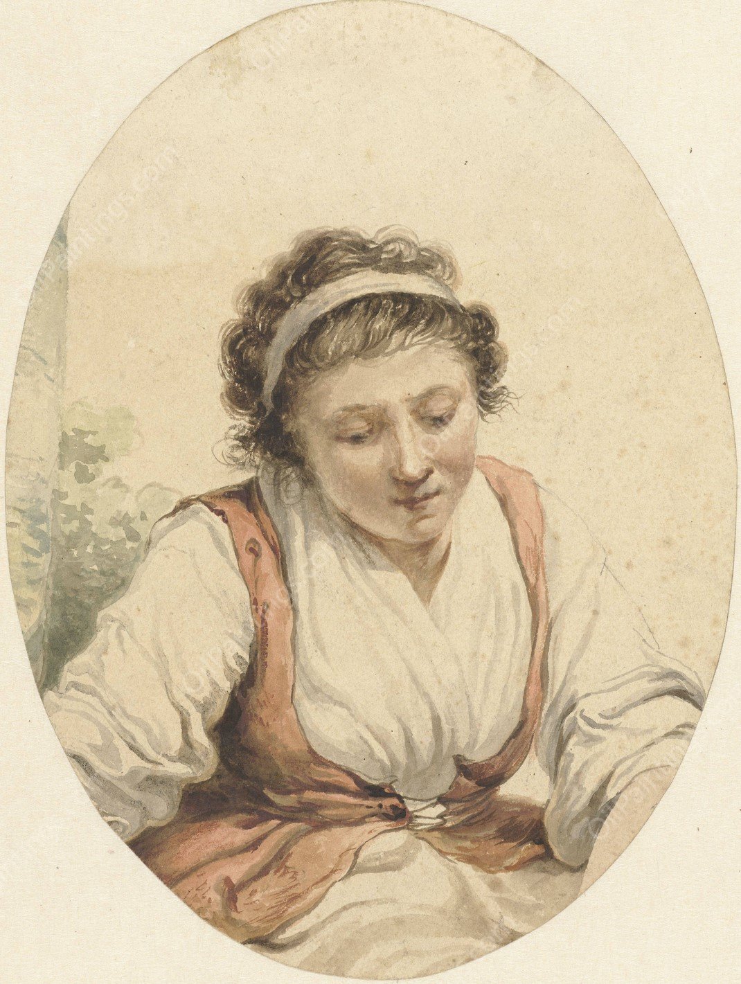 Vrouw met rood vest en wit lint in het haar  by Jacob Van Strij - Hand-Painted Oil Painting Reproduction