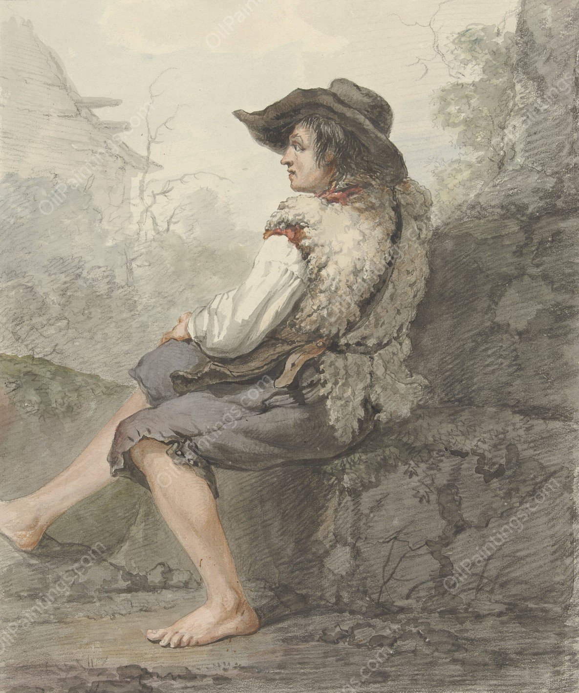 Zittende jongen met hoed en schapenvacht, naar links  by Jacob Van Strij - Hand-Painted Oil Painting Reproduction