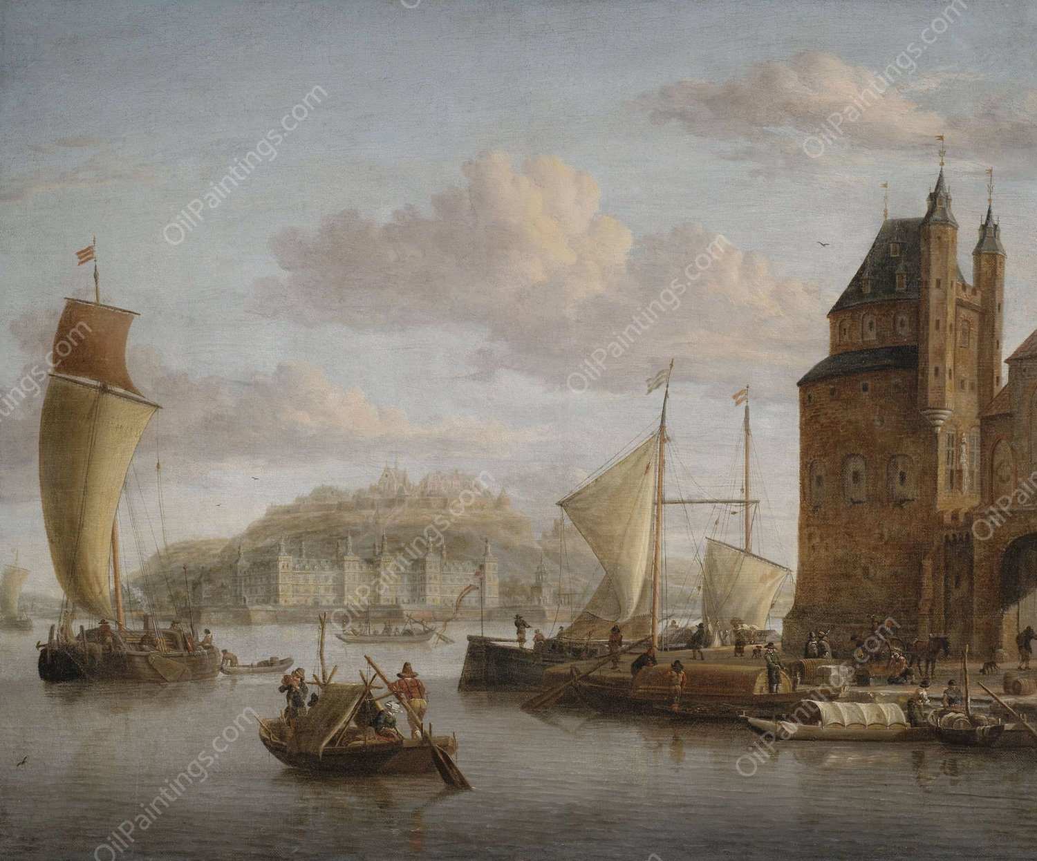 NOrdlicher Hafen an einem Schloss mit zahlreichen Lastbooten und Kaufleuten by Jacobus Storck - Hand-Painted Oil Painting Reproduction