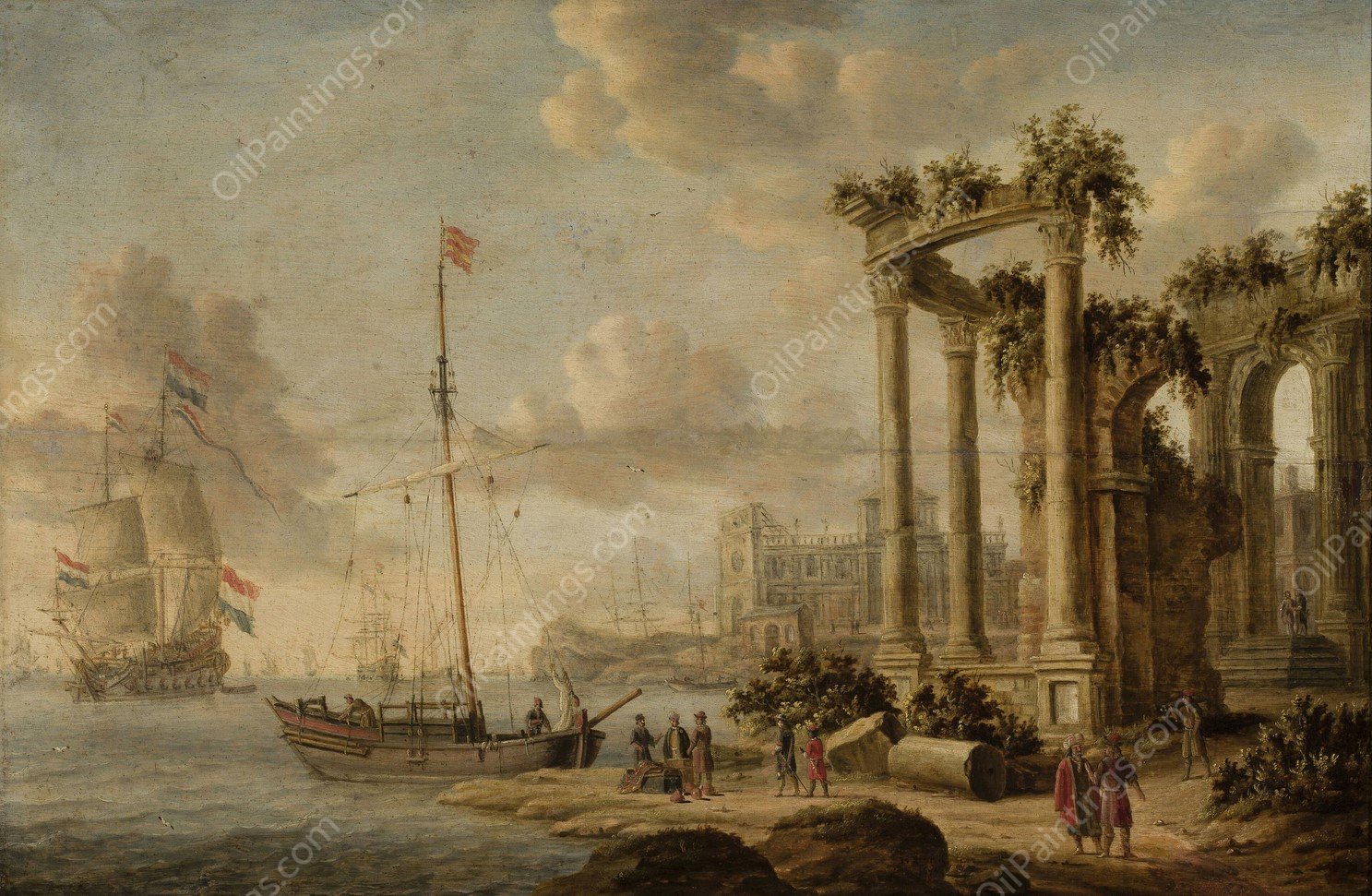Seaside landscape with ancient ruins on the coast  by Jacobus Storck - Hand-Painted Oil Painting Reproduction