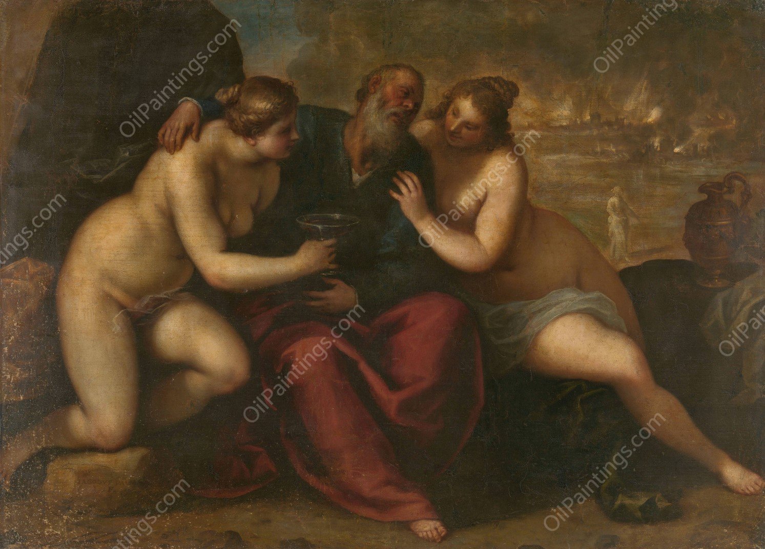 Lot and His Daughters  by Jacopo Palma Il Giovane - Hand-Painted Oil Painting Reproduction