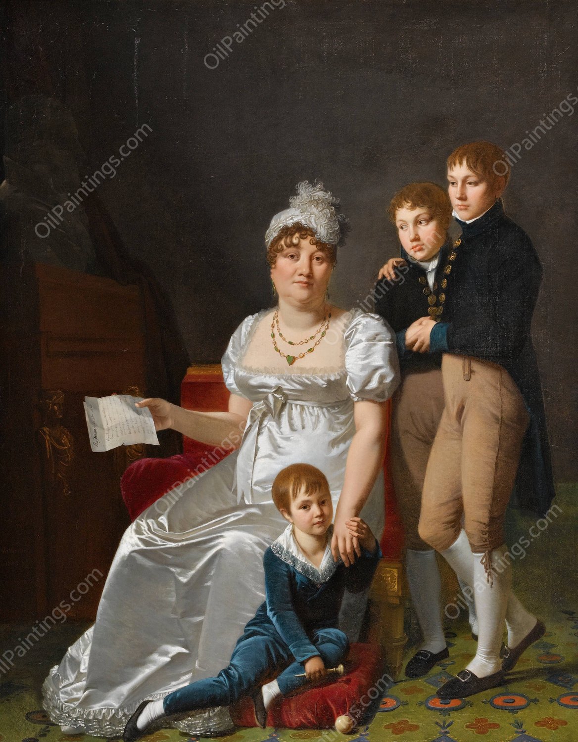 Portrait of Madame B., Nee Etiennette Delagrange With Her Three Sons  by Jacques Antoine Vallin - Hand-Painted Oil Painting Reproduction