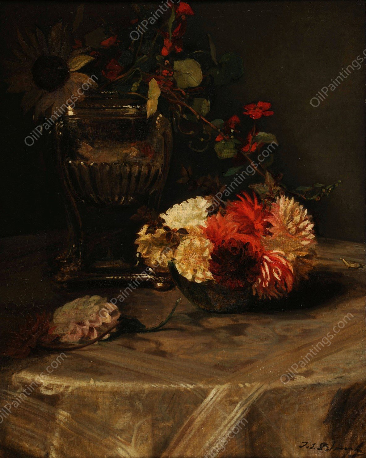 Dahlias et capucines a l'urne d'argent  by Jacques-Emile Blanche - Hand-Painted Oil Painting Reproduction
