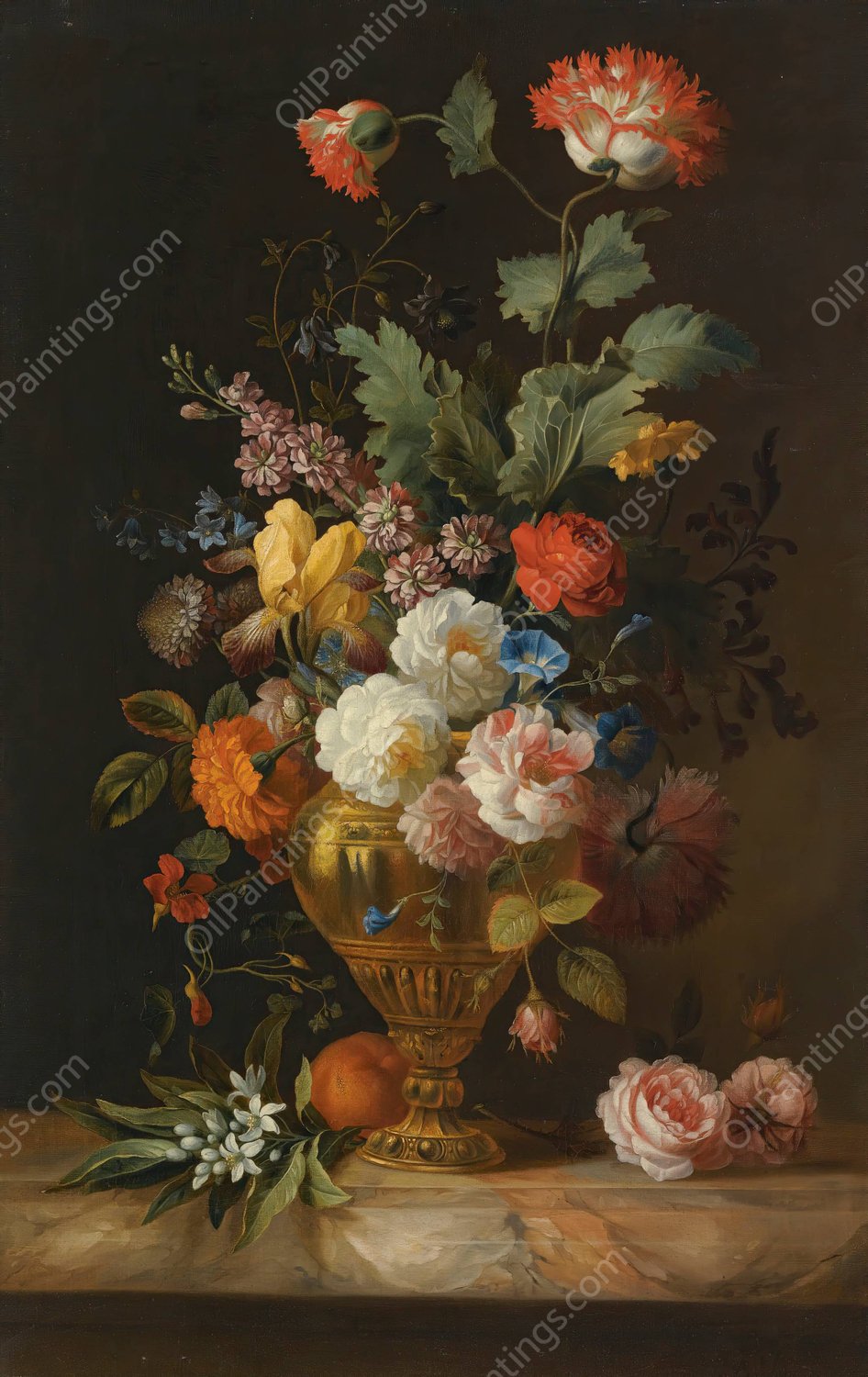 A Still Life Of Roses And Other Flowers In A Metal Vase On A Marble Ledge by Jakob Bogdany - Hand-Painted Oil Painting Reproduction