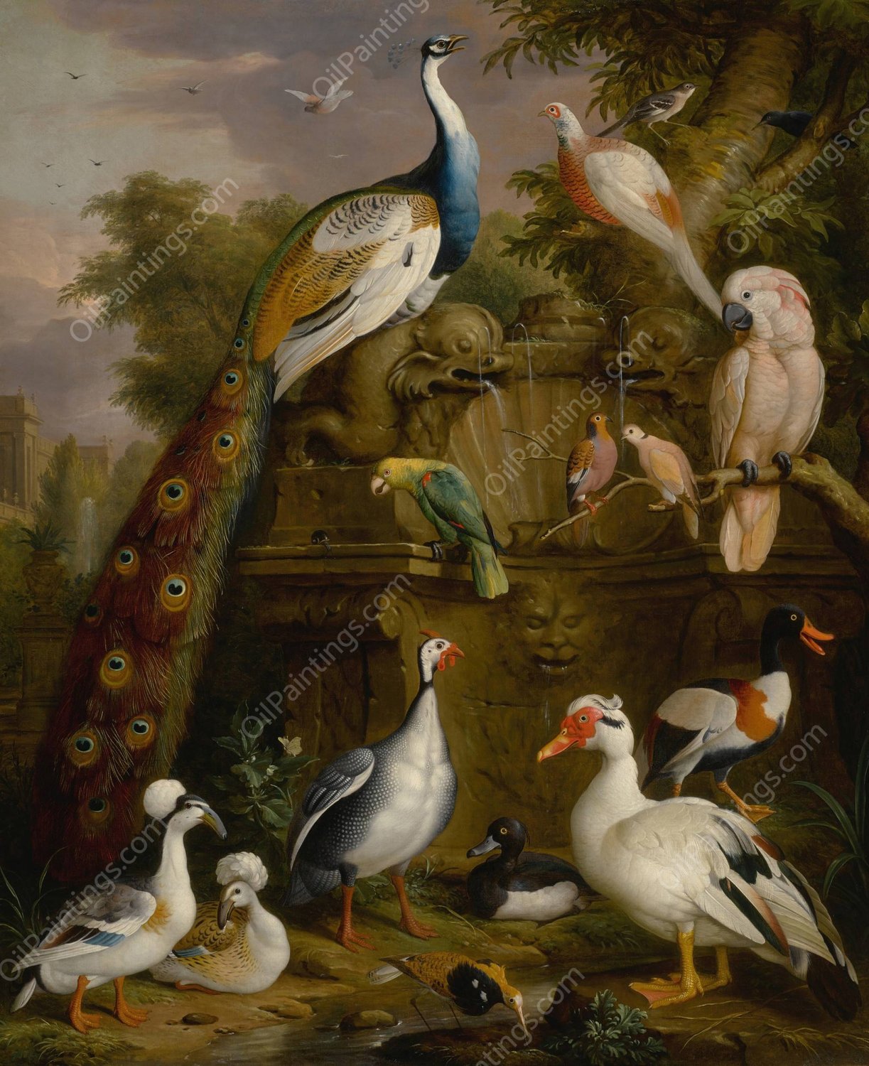 An assembly of birds in a parkland landscape by Jakob Bogdany - Hand-Painted Oil Painting Reproduction