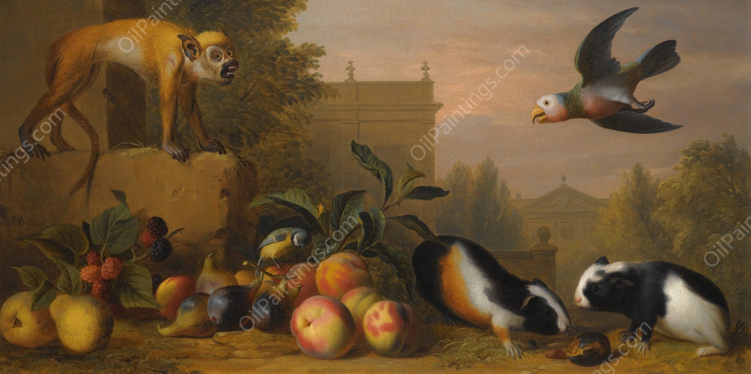 An Extensive Landscape With A Capuchin Squirrel Monkey, Two Guinea Pigs, A Blue Tit And An Amazon St. Vincent Parrot by Jakob Bogdany - Hand-Painted Oil Painting Reproduction