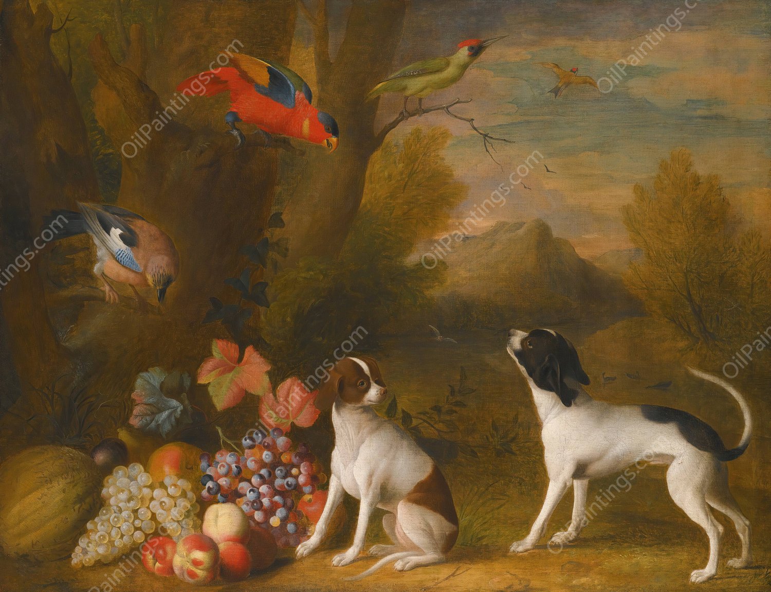 Landscape With Exotic Birds And Two Dogs by Jakob Bogdany - Hand-Painted Oil Painting Reproduction