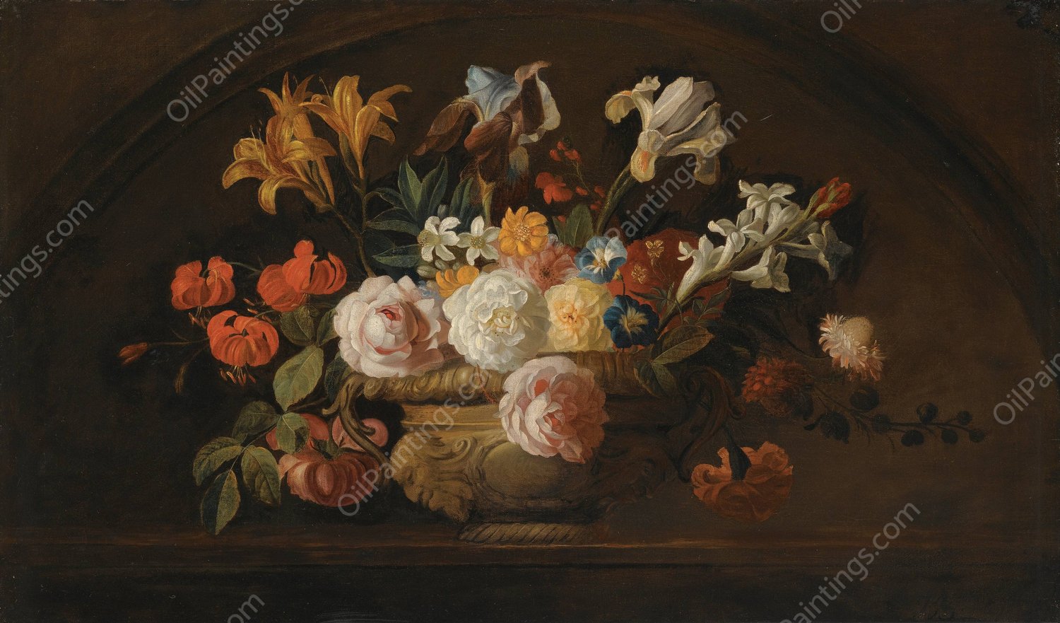Still Life Of Flowers In A Vase On A Marble Shelf by Jakob Bogdany - Hand-Painted Oil Painting Reproduction
