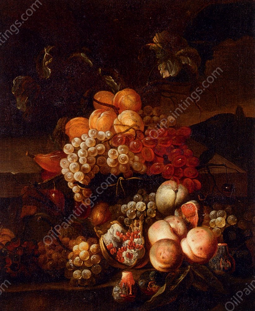 Still Life Of Grapes, Peaches, And Figs With A Landscape Beyond by Jakob Bogdany - Hand-Painted Oil Painting Reproduction