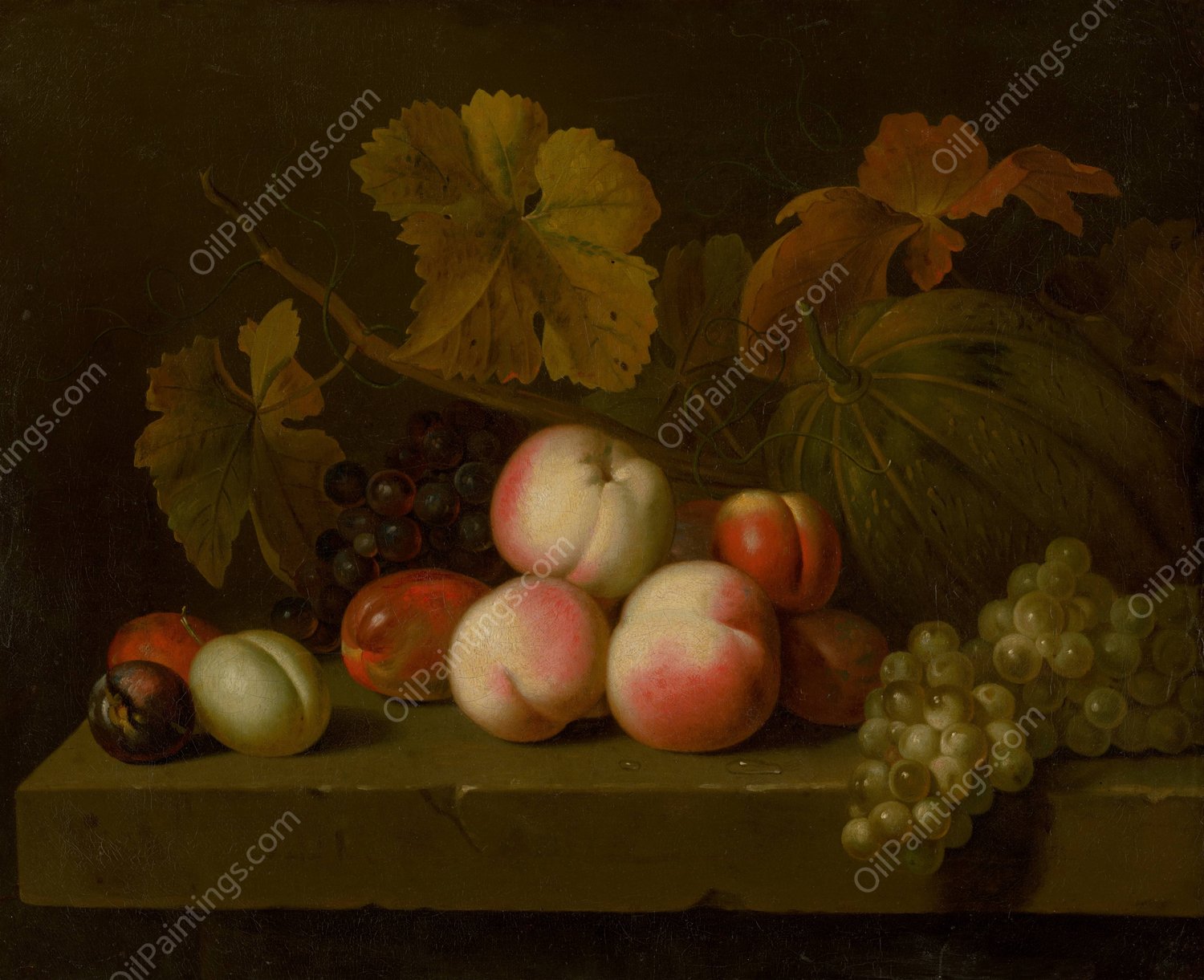 Still Life With Peaches, Grapes, Plums And Melon  by Jakob Bogdany - Hand-Painted Oil Painting Reproduction